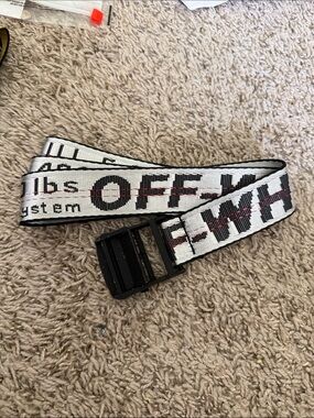 Off-White White Belt with Black Text and Red Stitching